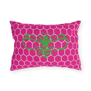 throw pillow with 'Honeycomb Bee Reversible Pink & Green' design