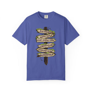 Navy blue t-shirt with 'Horror Road Sign Halloween' design on a white background
