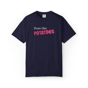 Blue t-shirt with embroidered text that says Pass the Potatoes 
