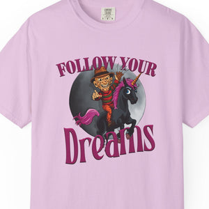 Pink Halloween t-shirt with Freddy Kreuger on a black unicorn graphic and 'Follow Your Dreams' text on a white background