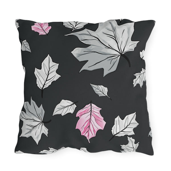 Dark Grey & Pink Fall Leaves Indoor Outdoor Pillow