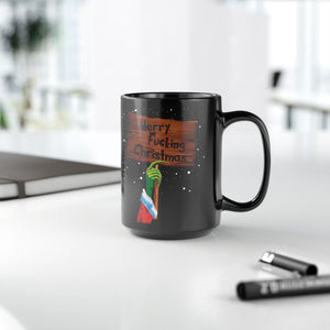 mug with 'Merry Fucking Christmas Grinch 15oz' graphic on a white background