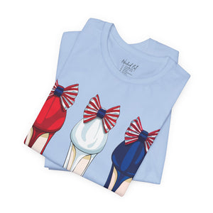 Light blue t-shirt with 'Patriotic Fashion July 4th' design on a white background