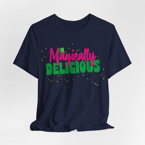 Military green t-shirt with 'Magically Delicious Funny St. Patrick's Day' design on a white background