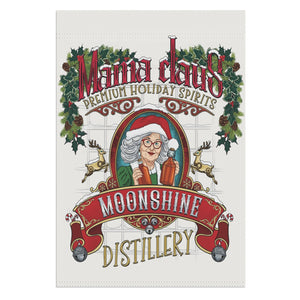 Moonshine Distillery label with a Santa Claus-like figure on a white background