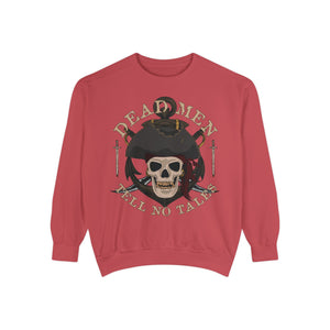 Blue spruce sweatshirt with 'Dead Men Tell No Tales Pirate Skull' design on a plain background