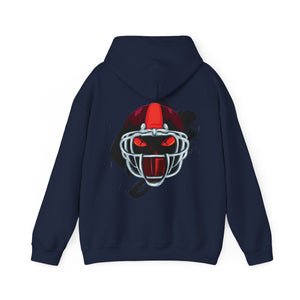 Navy blue hoodie with 'Va Tech Football Sandman' design on a plain background