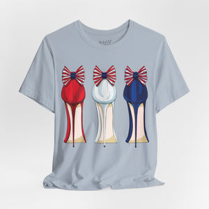 Gold t-shirt with 'Patriotic Fashion July 4th' design on a white background