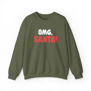 Olive green sweatshirt with red and white embroidered text 'Omg, Santa!'