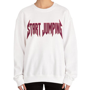 Close up of a white sweatshirt that says Start Jumping