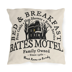 throw pillow with 'Bates Motel Halloween' design