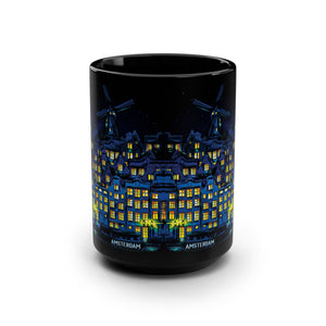 mug with 'Starry Night Amsterdam Art' graphic on a white background