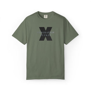 Green t-shirt with embroidered Gen X  text on a white background