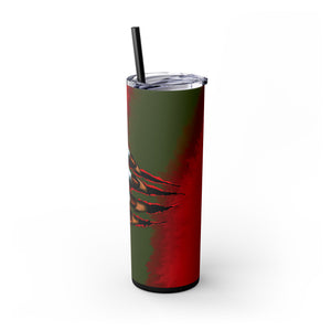 mug with 'Nightmare on Elm Freddy Krueger Skinny Tumbler 20oz' graphic on a white background