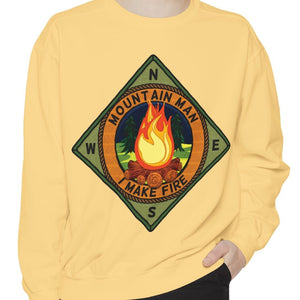 Light blue sweatshirt with 'Mountain Man Men's Funny Camping' design on a plain background