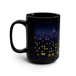 mug with 'Starry Night Paris Art' graphic on a white background