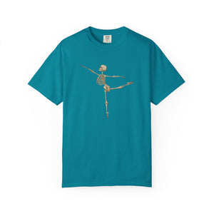 A teal short-sleeve crewneck t-shirt with a ballerina skeleton design on a white background