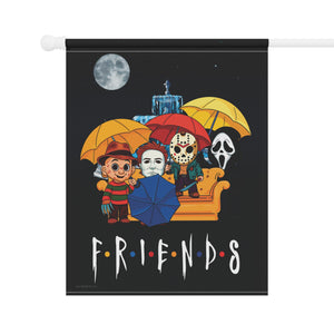A vertical hanging flag or banner on a white rod, featuring a black background with a stylized Friends-themed horror scene. The illustration shows characters under colorful umbrellas in front of a couch, with the word “FRIENDS” at the bottom.