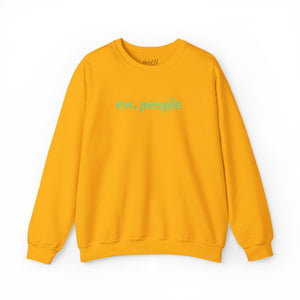 Yellow sweatshirt with 'ew, people' embroidered on the front on a white background.