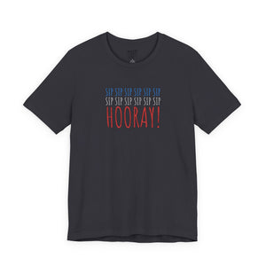 Black t-shirt with embroidered red white and blue text design on a white background