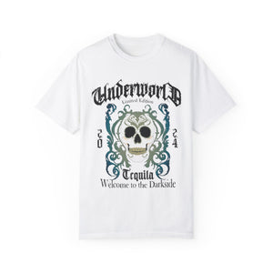 Mustard t-shirt with 'Tequila Lovers Sugar Skull' design on a white background