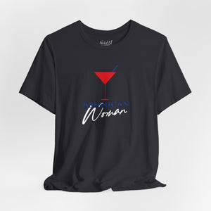 Silver t-shirt with 'American Woman Patriotic Martini July 4th' design on a white background