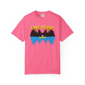 Pink t-shirt with 'Gone Fishing' graphic on a white background