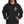 Person wearing a black hoodie with a voodoo doll design on a white background