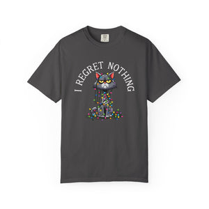 Dar grey t-shirt with a cartoon cat tangled in Christmas lights with text at the top that says I Regret Nothing