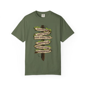 Burnt orange t-shirt with 'Horror Road Sign Halloween' design on a white background