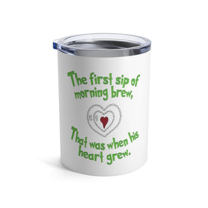 mug with 'Grinch Heart Grows Funny Christmas Insulated Travel 10oz' graphic on a white background