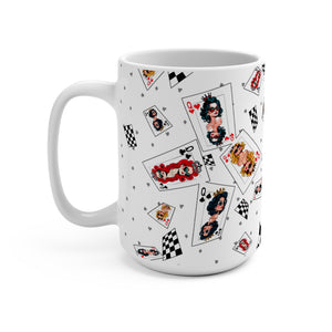 mug with 'Playing Cards The Queens' graphic on a white background