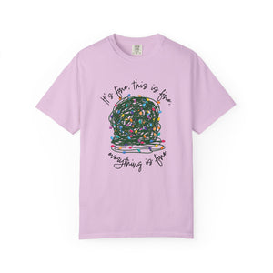 light pink t-shirt with a graphic of a tangled ball of lights with text It's fine, this is fine, everything is fine.