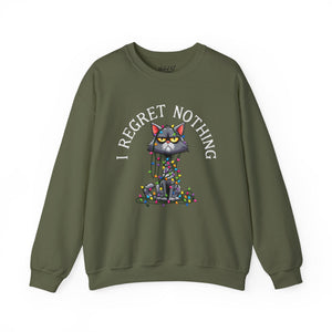 Olive green sweatshirt with a graphic of a cat tangled in Christmas lights and text the says 'I Regret Nothing'.
