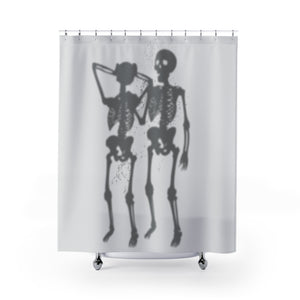 Shower curtain with 'Skeleton Couple' pattern in a bathroom setting