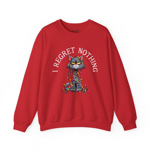 Red sweatshirt with a graphic of a cat tangled in Christmas lights and text the says 'I Regret Nothing'.