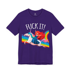 Gold t-shirt with 'Rainbows & Unicorns Funny' design on a white background