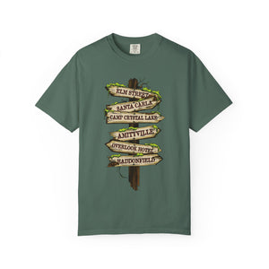 Sage t-shirt with 'Horror Road Sign Halloween' design on a white background