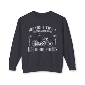 Grey sweatshirt with 'Ride or Die Witches Halloween' design on a plain background