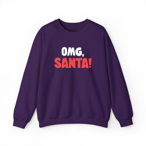 Purple sweatshirt with red and white embroidered text 'Omg, Santa!'