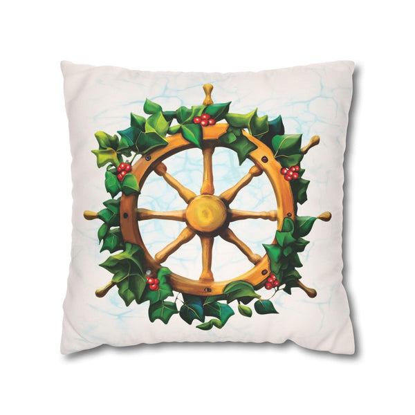 Coastal Christmas Nautical Wheel Faux Suede Pillow Cover
