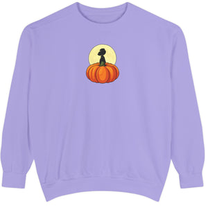 Purple sweatshirt with the great pumpkin and snoopy graphic on a white background