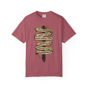 Burnt orange t-shirt with 'Horror Road Sign Halloween' design on a white background