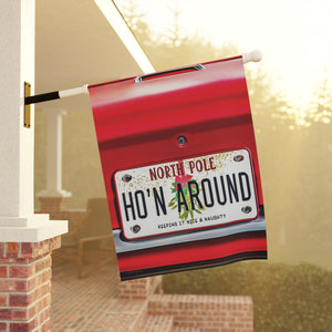 Garden flag with 'Santa's Sleigh Ho'n Around Funny Christmas' design