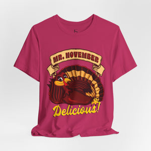 Leaf t-shirt with 'Mr. November Turkey Funny Thanksgiving' design on a white background