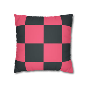 Pink & Dark Grey Checkered Faux Suede Pillow Cover