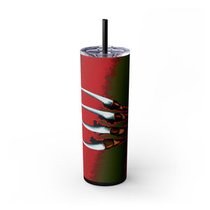 mug with 'Nightmare on Elm Freddy Krueger Skinny Tumbler 20oz' graphic on a white background