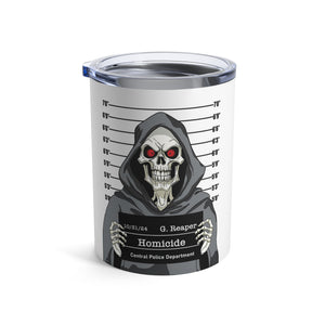 mug with 'Grim Reaper Shot Funny Insulated Travel 10oz' graphic on a white background