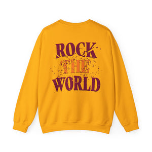 The back of a yellow sweatshirt that says Rock the World on a white background.