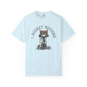 Blue t-shirt with a cartoon cat tangled in Christmas lights with text at the top that says I Regret Nothing